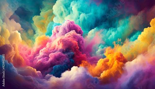 Colorful dense smoke clouds flow abstract painting art wallpaper or background. Multicolor, fuchsia pink, orange, purple, blue, yellow, turquoise green gases expansion and condensation on sky space. 
