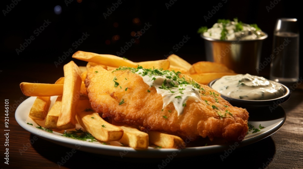 Golden Crispy Fish and Chips with Tartar Sauce on a Cozy Pub Table Golden Crispy Fish and Chips with Tartar Sauce on a Cozy Pub Table