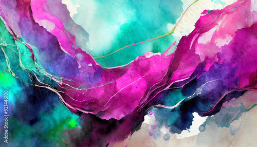 Colorful abstract watercolor ink painting art with fluor acid colors, fuchsia pink, purple, turquoise, blue, white with liquid fluid shapes and paper texture. Multicolor paint wallpaper or background.