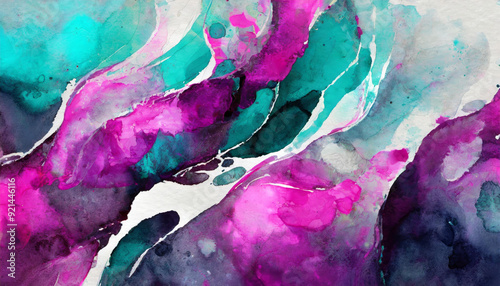 Colorful abstract watercolor ink painting art with fluor acid colors, fuchsia pink, purple, turquoise, blue, white with liquid fluid shapes and paper texture. Multicolor paint wallpaper or background.