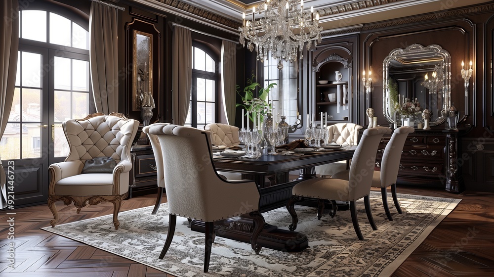Naklejka premium Classic dining room featuring a dark wood table, elegant upholstered chairs, a stunning crystal chandelier, and a large area rug enhancing the ambiance