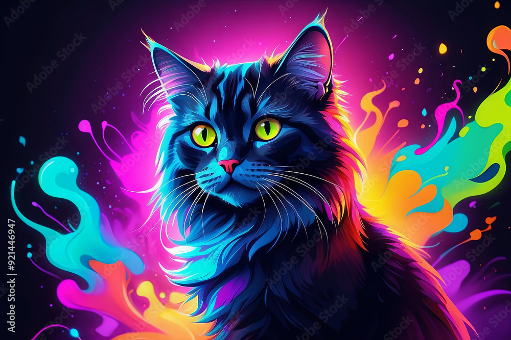 neon colours, cartoon style illustration of a cat neon colours, cartoon style illustration of a cat