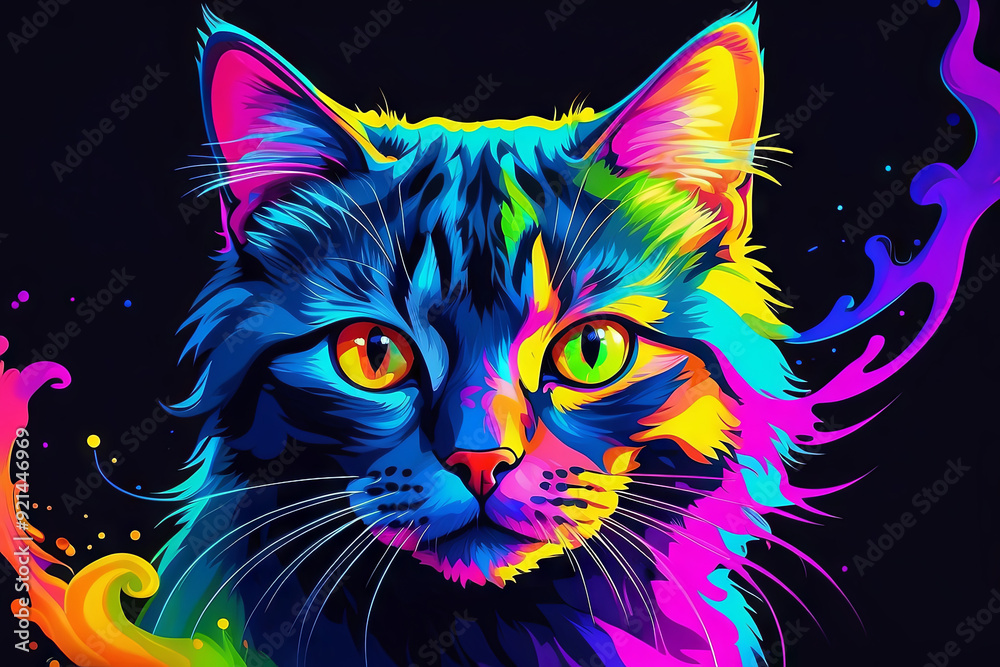 neon colours, cartoon style illustration of a cat neon colours, cartoon style illustration of a cat