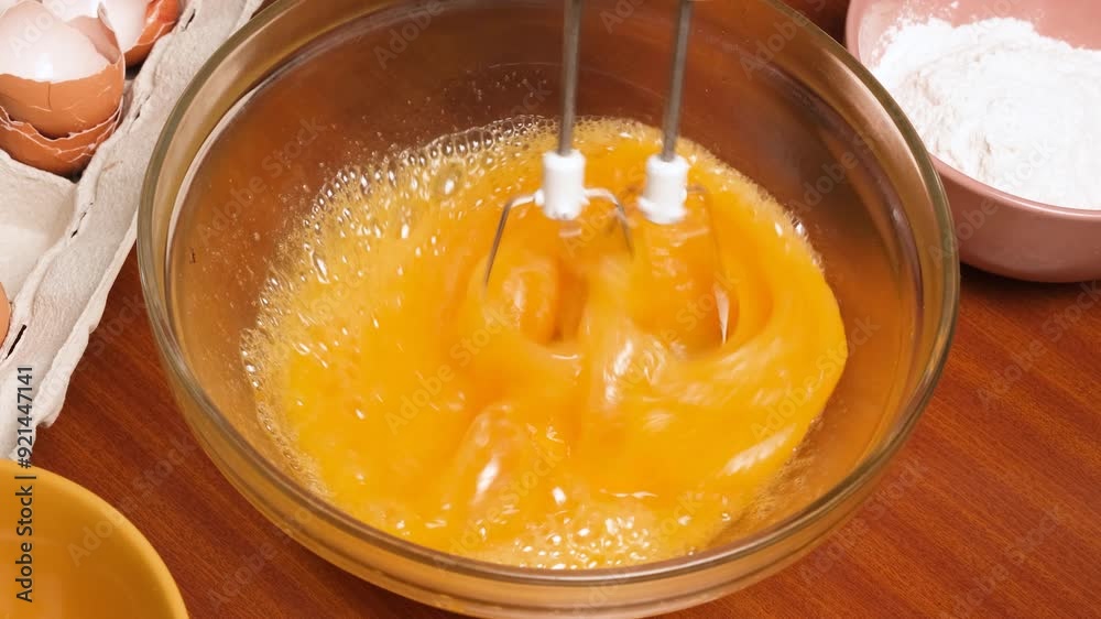 The mixer whips the eggs into a frothy foam in a glass bowl. A woman beats eggs with a mixer. Concept of cooking. The mixer whips the eggs into a frothy foam in a glass bowl. A woman beats eggs with a mixer. Concept of cooking.