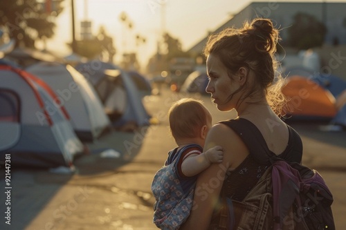 A mom with a baby in her arms. Community unification in tent cities. Concept of unity and support for the homeless people