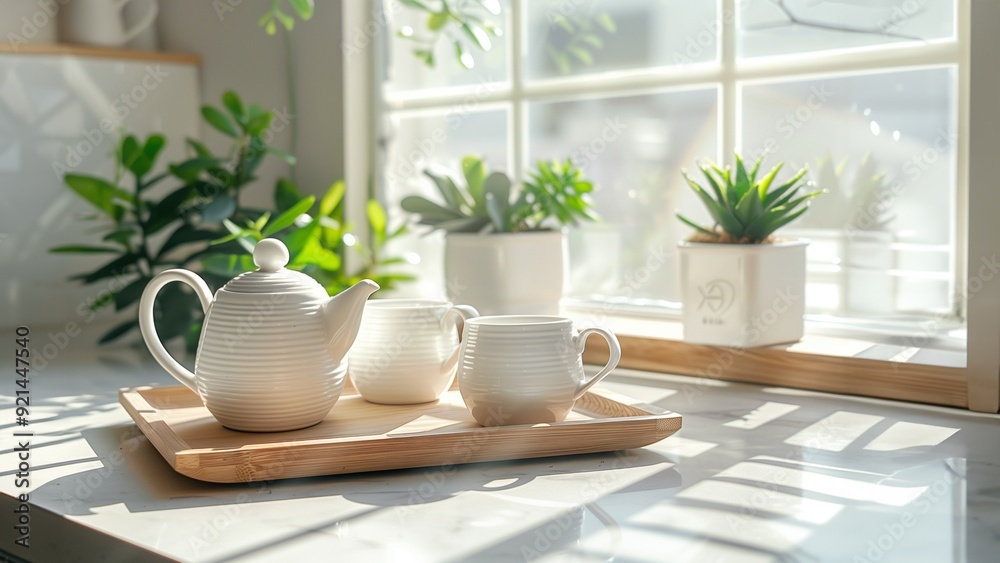White ceramic teapot and cups. A serene morning tea party in the sunlit kitchen. Banner of a warming drink with copy space White ceramic teapot and cups. A serene morning tea party in the sunlit kitchen. Banner of a warming drink with copy space