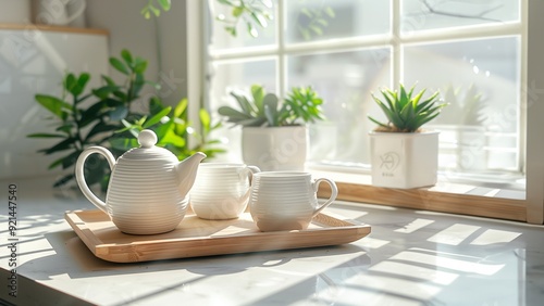 Wallpaper Mural White ceramic teapot and cups. A serene morning tea party in the sunlit kitchen. Banner of a warming drink with copy space Torontodigital.ca