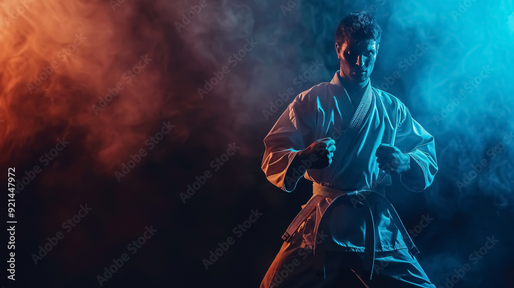 Obraz premium Karate Fighter on Dark Background: Karate martial arts fighter against a dark background.