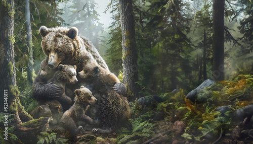 Gentle and affectionate scene of a mother bear tenderly embracing and nurturing her cubs in the serene moss covered forest environment  The cubs snuggle close to their protective parent
