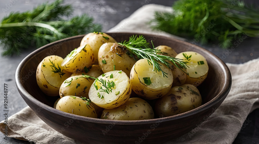 a bowl filled with dill seasoned boiled potatoes a bowl filled with dill seasoned boiled potatoes