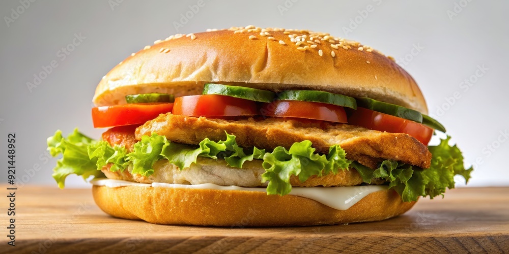 Close-up of a plain chicken sandwich, sandwich, food, chicken, close-up, plain, lunch, fast food, tasty, isolated, white background Close-up of a plain chicken sandwich, sandwich, food, chicken, close-up, plain, lunch, fast food, tasty, isolated, white background