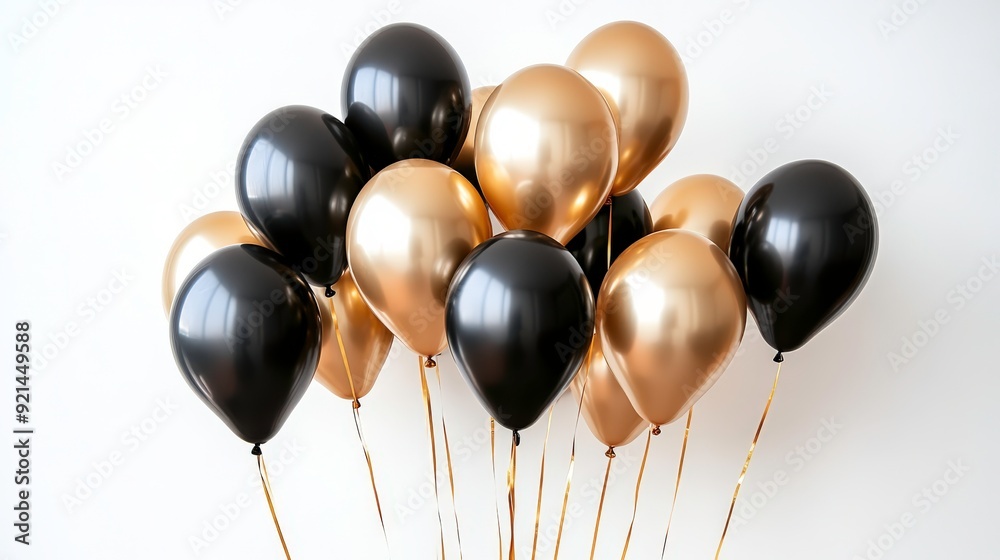 A cluster of black and gold balloons, ideal for celebrations or events. A cluster of black and gold balloons, ideal for celebrations or events.
