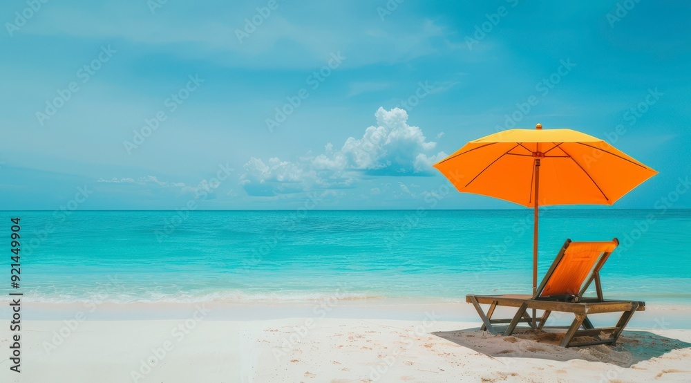 A tranquil beach scene featuring a yellow umbrella and lounge chair by the water. A tranquil beach scene featuring a yellow umbrella and lounge chair by the water.