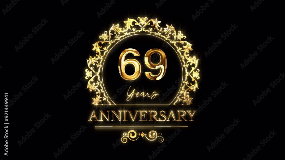69th Anniversary Celebration. Happy 69 Years Anniversary Animation in Gold Color on the Transparent Background, Alpha Channel. Great for greetings, celebrations, events, and gifts.