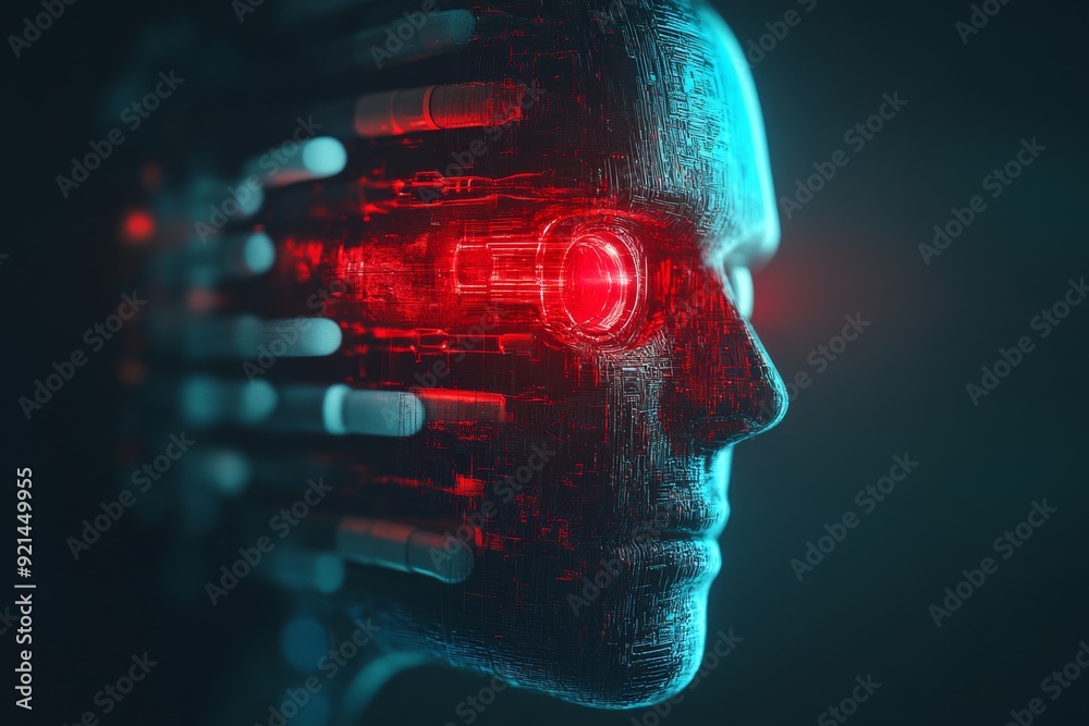 Side profile of a futuristic humanoid figure with glowing red pill like structures embedded in its head symbolizing the integration of pharmaceuticals robotics and digital health in a sci fi world Side profile of a futuristic humanoid figure with glowing red pill like structures embedded in its head symbolizing the integration of pharmaceuticals robotics and digital health in a sci fi world