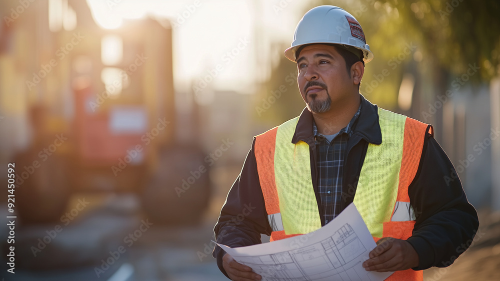 construction site lit by the early morning sun a Latino man in a hard hat and reflective vest examines blueprints before looking inspecting the site construction site lit by the early morning sun a Latino man in a hard hat and reflective vest examines blueprints before looking inspecting the site