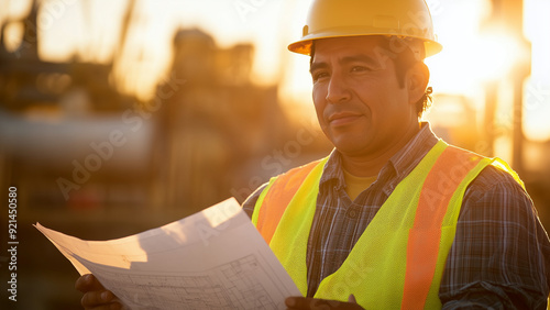 construction site lit by the early morning sun a Latino man in a hard hat and reflective vest examines blueprints while smiling