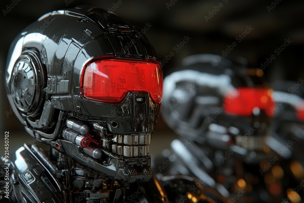 Fototapeta premium Advanced robotics and engineering showcased by a robots reflective red headgear in a high tech setup