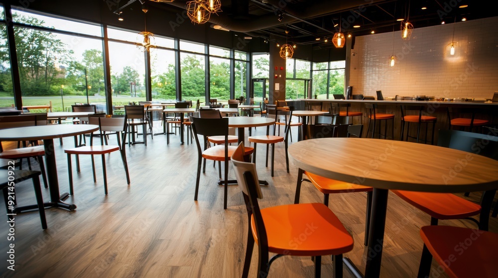 Fototapeta premium Bright and inviting cafe with a stylish design, emphasizing natural light and cozy seating areas