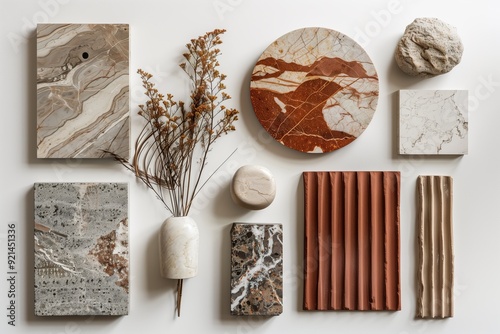 interior design moodboard with marble, terracotta and wood samples on a white background photo