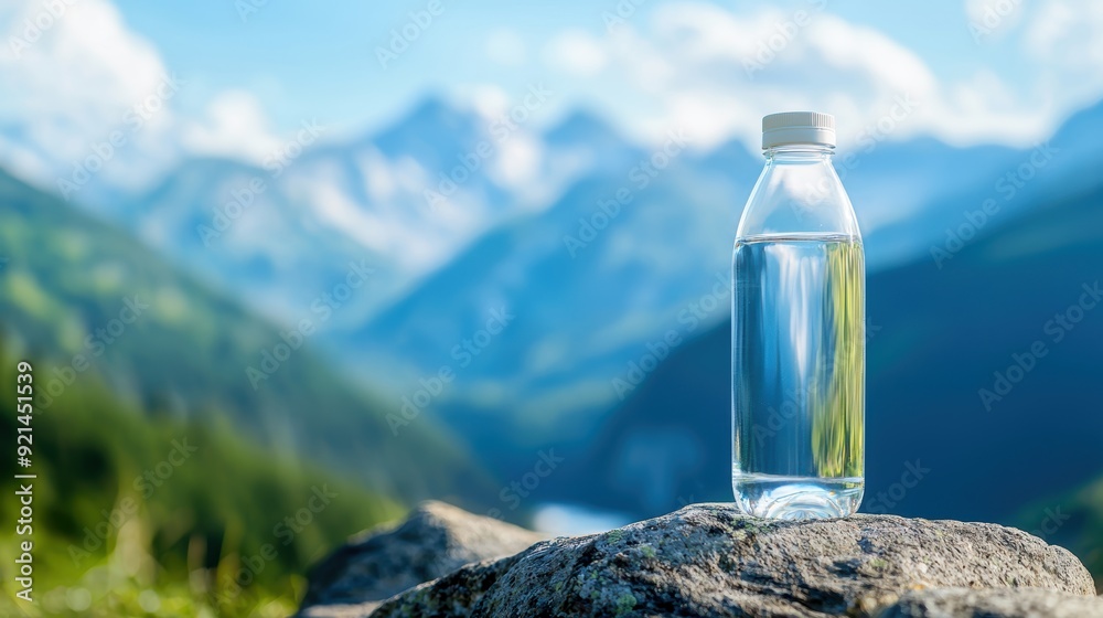 Mockup of a glass water bottle on a rock, nature and mountains in the background, wide banner format with copy space Mockup of a glass water bottle on a rock, nature and mountains in the background, wide banner format with copy space