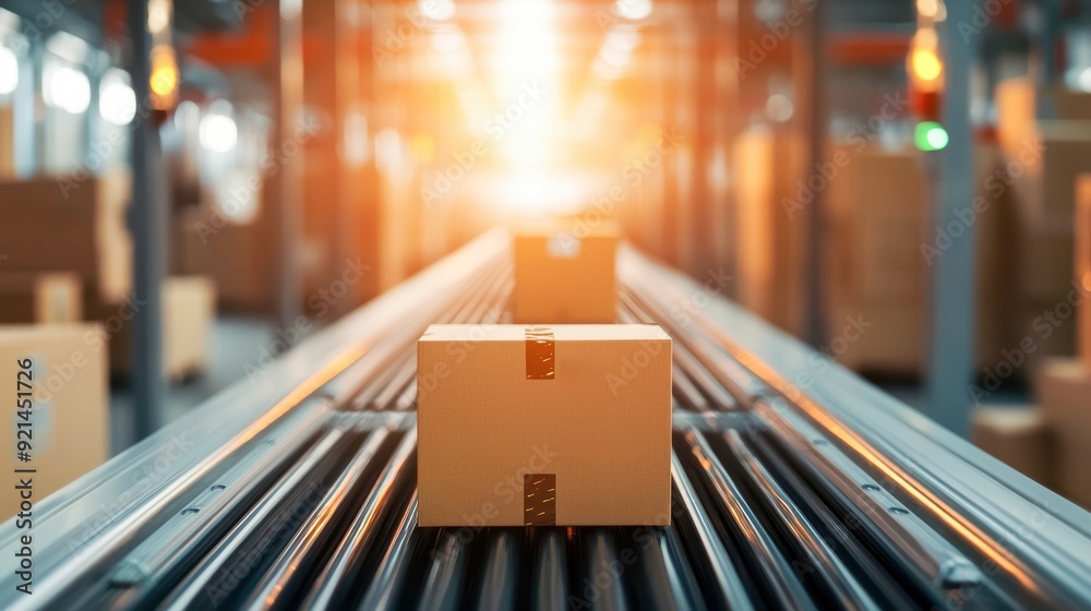 Automated conveyor belt with packages, representing modern logistics and efficient distribution systems Automated conveyor belt with packages, representing modern logistics and efficient distribution systems