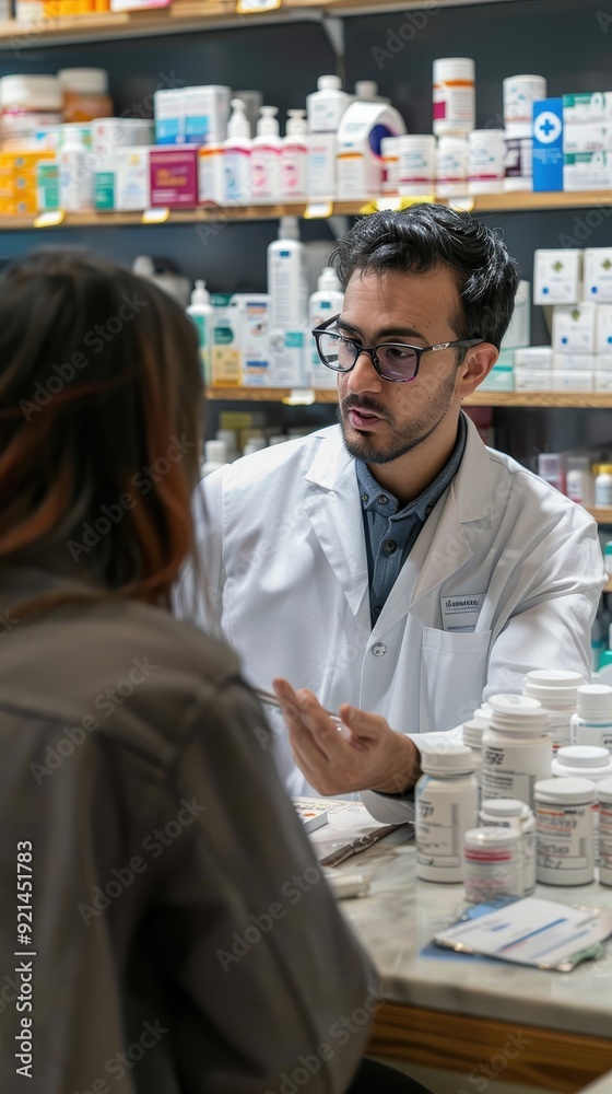 A pharmacist explains medication choices to a customer at the pharmacy counter A pharmacist explains medication choices to a customer at the pharmacy counter
