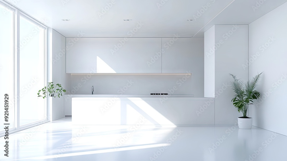 A bright minimalist kitchen with clean lines, white cabinets, and minimal decor. A bright minimalist kitchen with clean lines, white cabinets, and minimal decor.