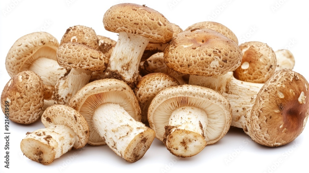 A bunch of fresh Matsutake mushrooms, emphasizing their unique textures and shapes on a white background.