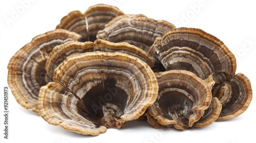 A bunch of fresh turkey tail mushrooms, highlighting their wavy edges against a white background.