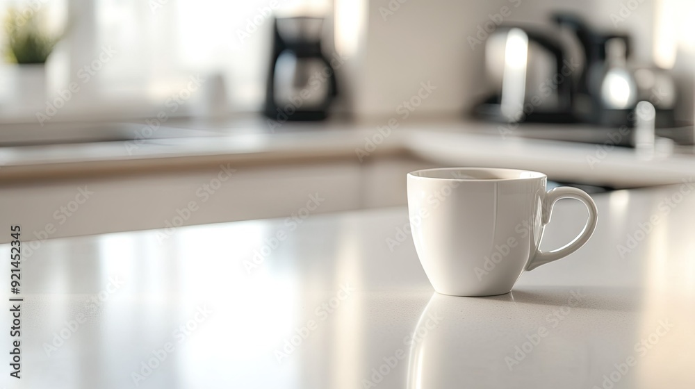 A clean kitchen counter with a single coffee cup, leaving ample space for text or recipes.