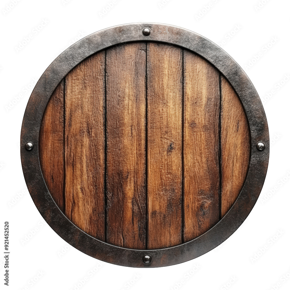 Fototapeta premium Wooden Shield With Metal Rim And Polished Finish, Isolated On Transparent Png Background, Ideal For Defensive Items In Fantasy Or Medieval Games . Generative ai