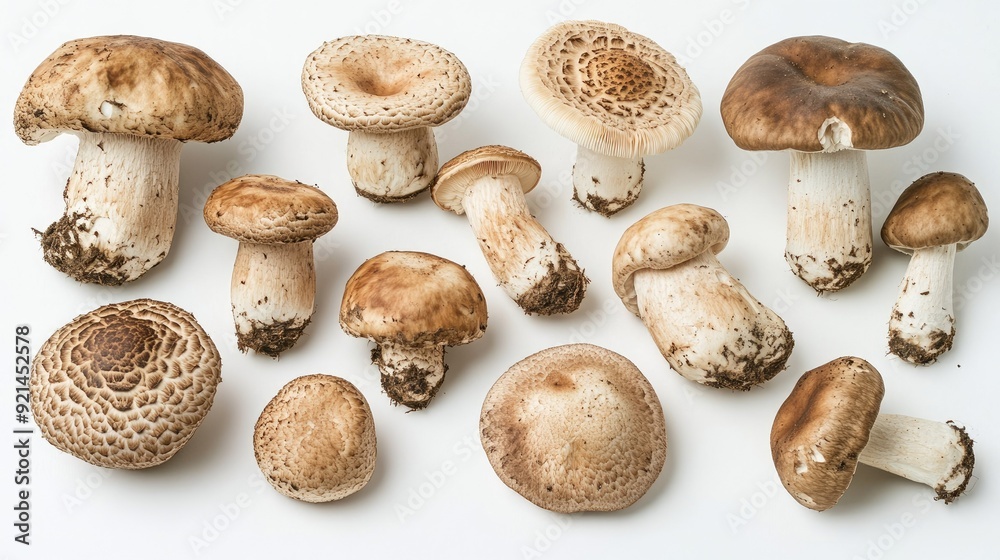 A collection of Matsutake mushrooms, showing their varied sizes and shapes on a white background. A collection of Matsutake mushrooms, showing their varied sizes and shapes on a white background.