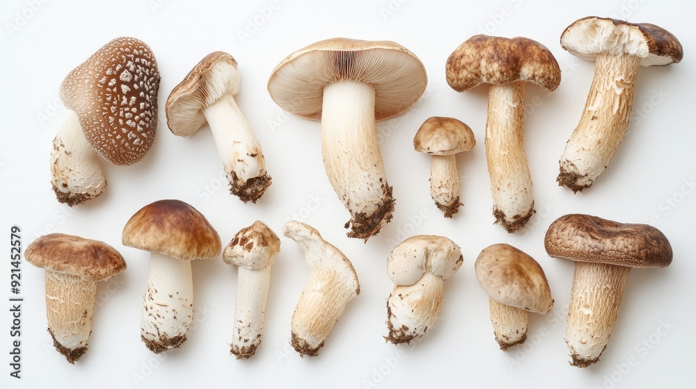 A collection of Matsutake mushrooms, showing their varied sizes and shapes on a white background. A collection of Matsutake mushrooms, showing their varied sizes and shapes on a white background.