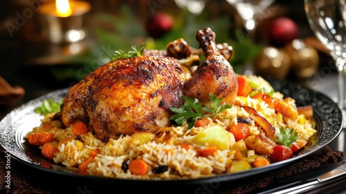 A festive table setting featuring a main dish of rice with roasted chicken and vegetables. photo