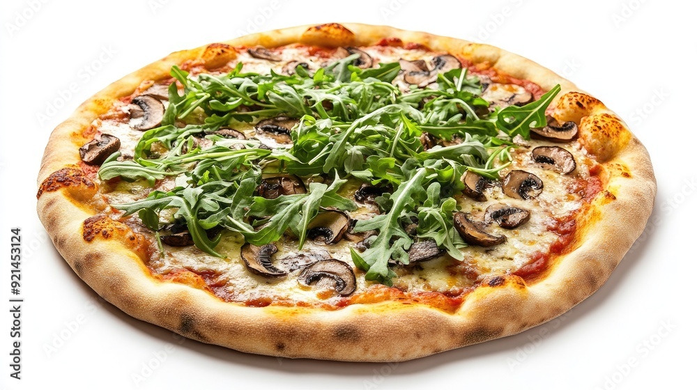A gourmet pizza topped with truffle mushrooms and arugula, photographed against a white background.