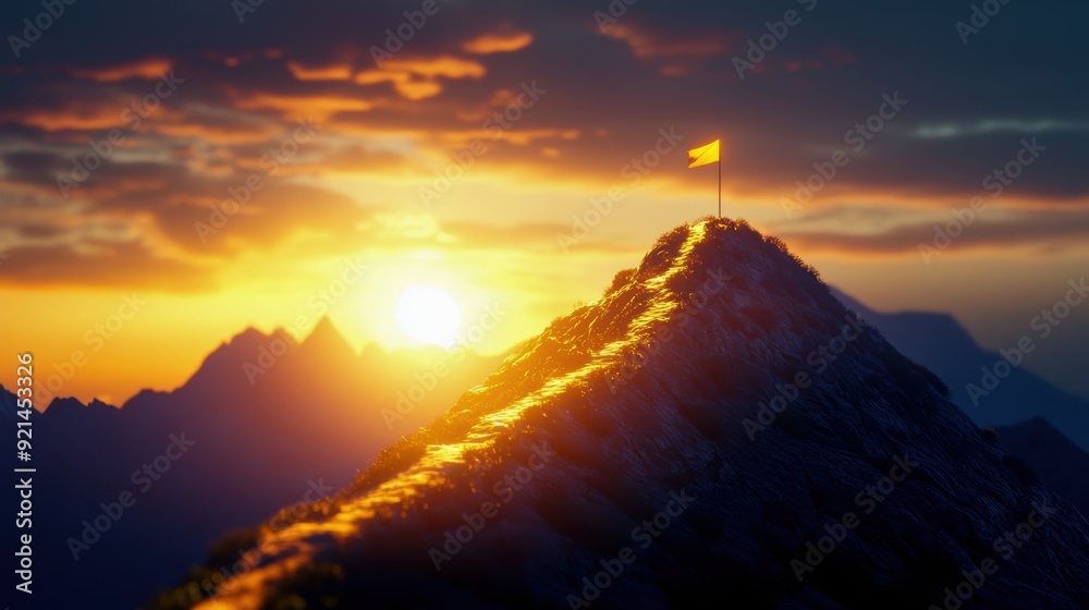 Illuminated trail up a mountain with a flag on top, symbolizing journey and accomplishment Nighttime setting, digital art Illuminated trail up a mountain with a flag on top, symbolizing journey and accomplishment Nighttime setting, digital art