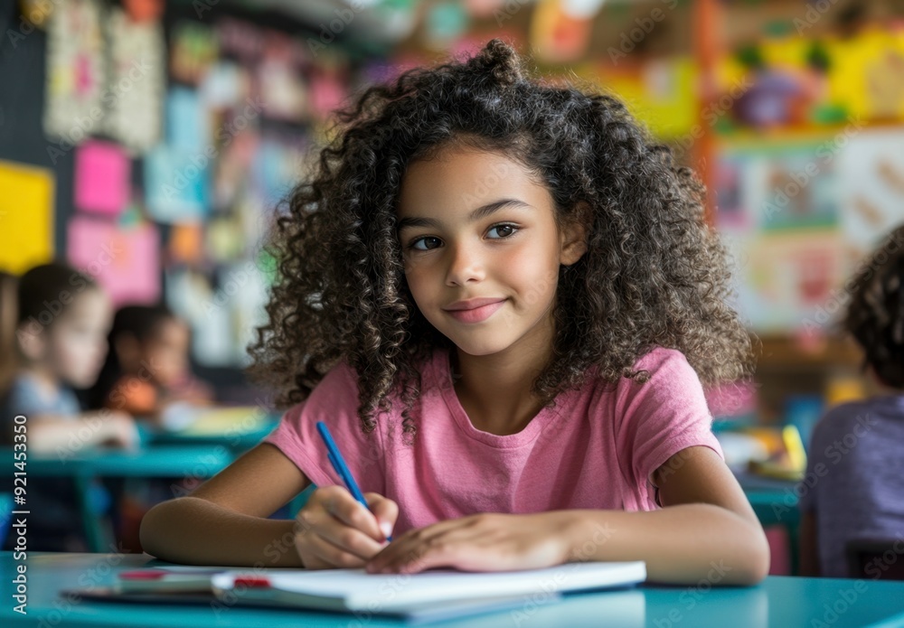 Young African American Girl with Curly Brown Hair Writing in Notebook at Desk Young African American Girl with Curly Brown Hair Writing in Notebook at Desk
