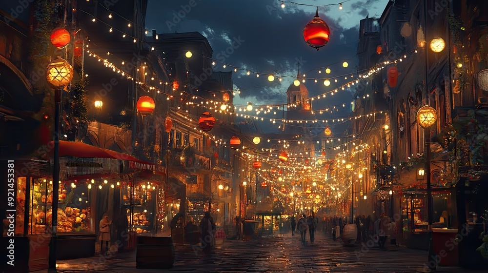 A lively festival street with strings of lights and festive bunting. -