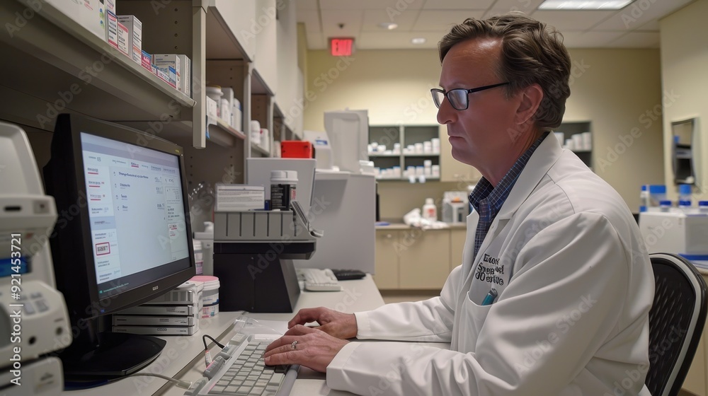 A pharmacist focuses on computer work in a busy pharmacy filled with medications A pharmacist focuses on computer work in a busy pharmacy filled with medications