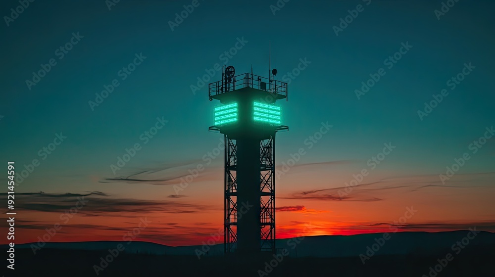 A signal tower with green and blue lights, set against a sunset sky. A signal tower with green and blue lights, set against a sunset sky.