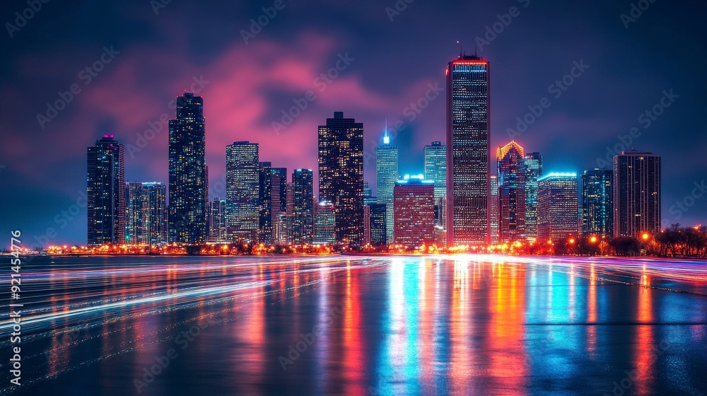 Fototapeta premium City skyline at night with reflections on water, showcasing urban architecture and lights.