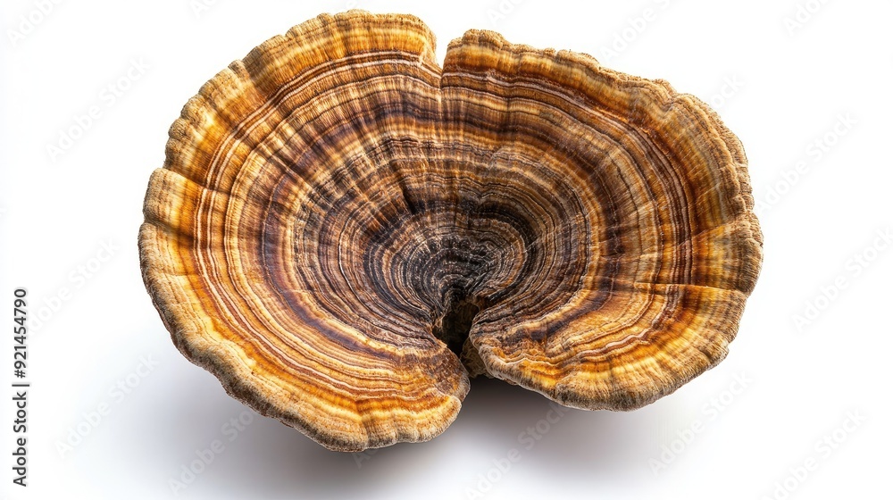 A single turkey tail mushroom with its distinctive concentric rings, isolated on a white background