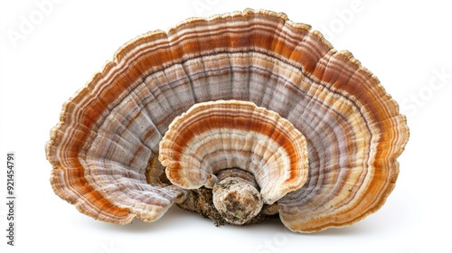 A single turkey tail mushroom with its distinctive concentric rings, isolated on a white background