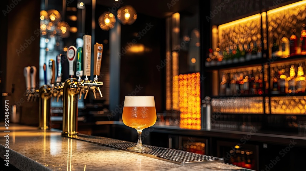 A stylish bar setup with various beers on tap and a glass of beer in focus. A stylish bar setup with various beers on tap and a glass of beer in focus.