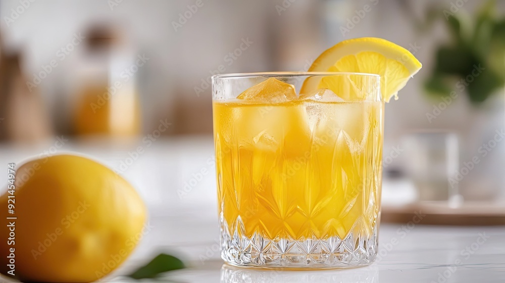 Fototapeta premium A stylish glass of honey lemon juice with ice, placed on a white caf counter with minimal
