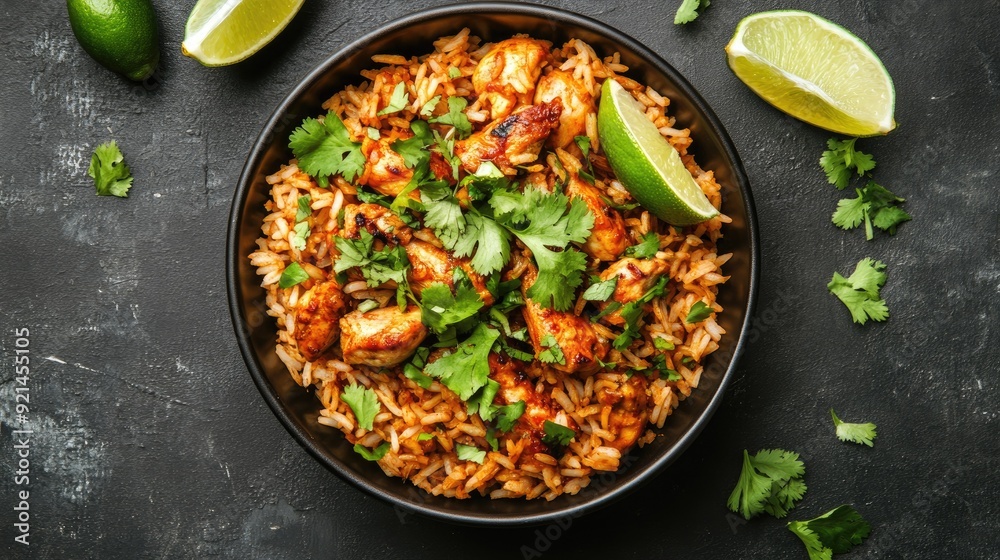 A top-down view of rice with roasted chicken, garnished with cilantro and lime wedges. A top-down view of rice with roasted chicken, garnished with cilantro and lime wedges.