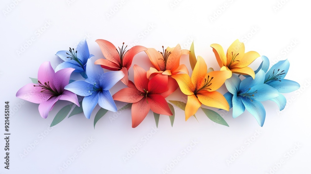 A collection of vivid 3D lilies in a colorful array, designed as a floral watermark on a sleek white A4 brochure template A collection of vivid 3D lilies in a colorful array, designed as a floral watermark on a sleek white A4 brochure template