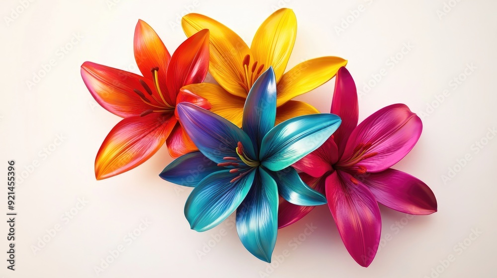Fototapeta premium A4 brochure template featuring colorful 3D lilies with detailed petals, isolated on a white background for a fresh, vibrant look