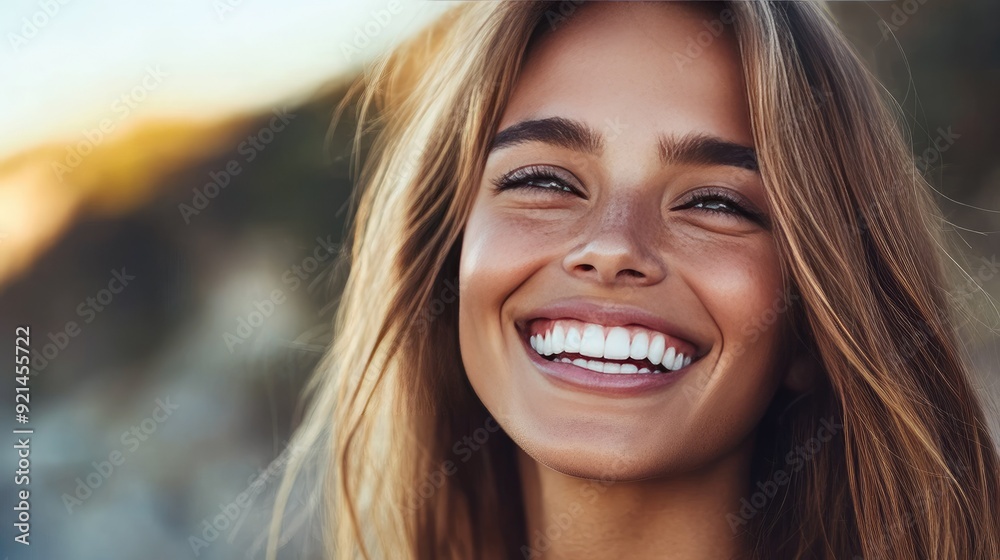Beautiful woman smiling widely, revealing her straight and white teeth, in a natural setting. Beautiful woman smiling widely, revealing her straight and white teeth, in a natural setting.